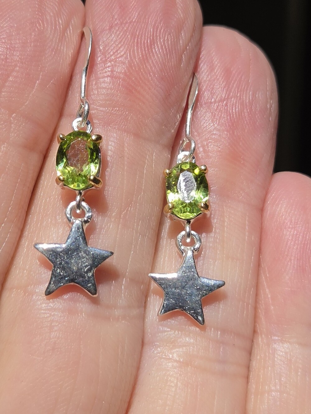 Peridot Natural 3k Gemstones Sterling Silver & Gold Star Hook Earrings - Picture 6 of 9